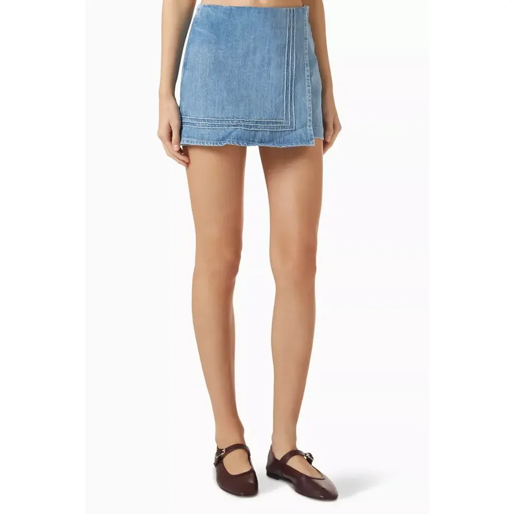 NWOT Damson Madder Rory High Rise Denim Wrap Skort Embroidered Trims Blue 16 - Picture 2 of 5